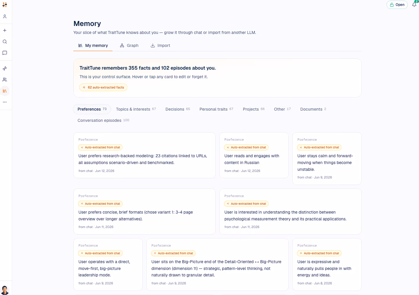 Memory — the AI that doesn't forget you | TraitTune